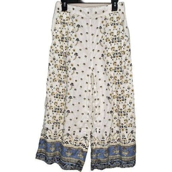 Joie 100% Linen Floral Pull On Wide Leg Pants Medium Lagenlook Boho Hippie - Picture 1 of 7